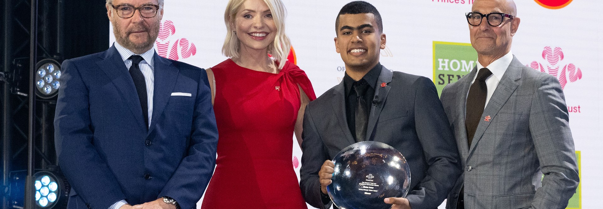 Brian Duffy, Holly Willoughby, And Stanley Tucci With The Winner Of The Watches Of Switzerland Young Change Maker Award Motaz