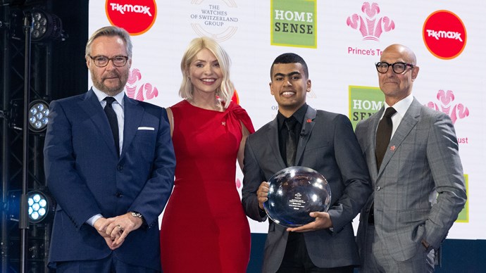 Brian Duffy, Holly Willoughby, And Stanley Tucci With The Winner Of The Watches Of Switzerland Young Change Maker Award Motaz