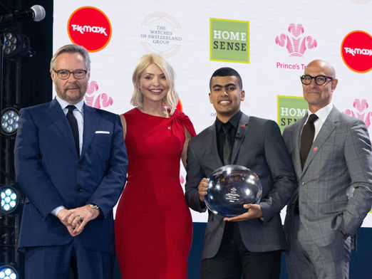 Brian Duffy, Holly Willoughby, And Stanley Tucci With The Winner Of The Watches Of Switzerland Young Change Maker Award Motaz